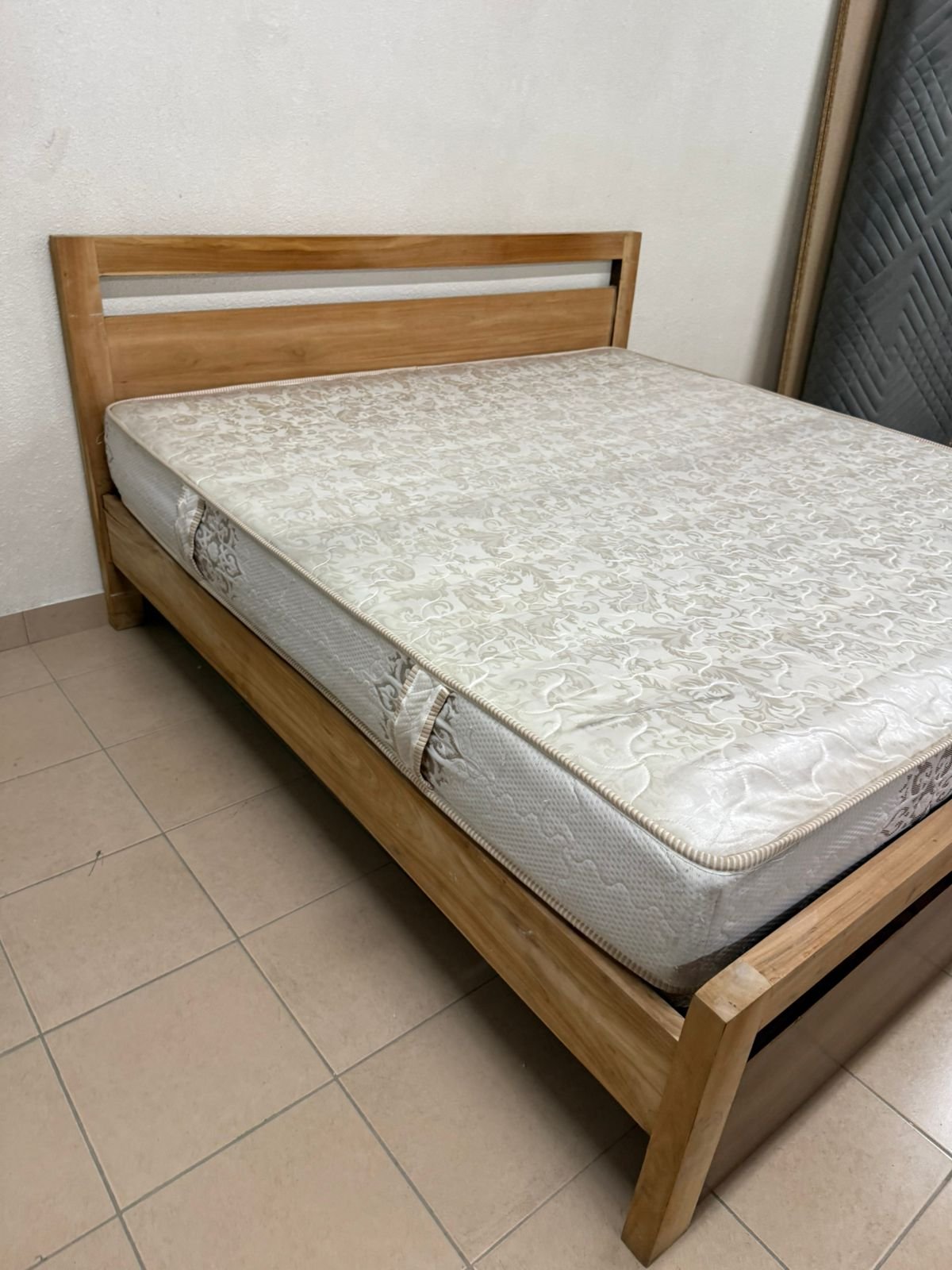 Natural wood bed with a modern design and built-in storage drawers - Image 8