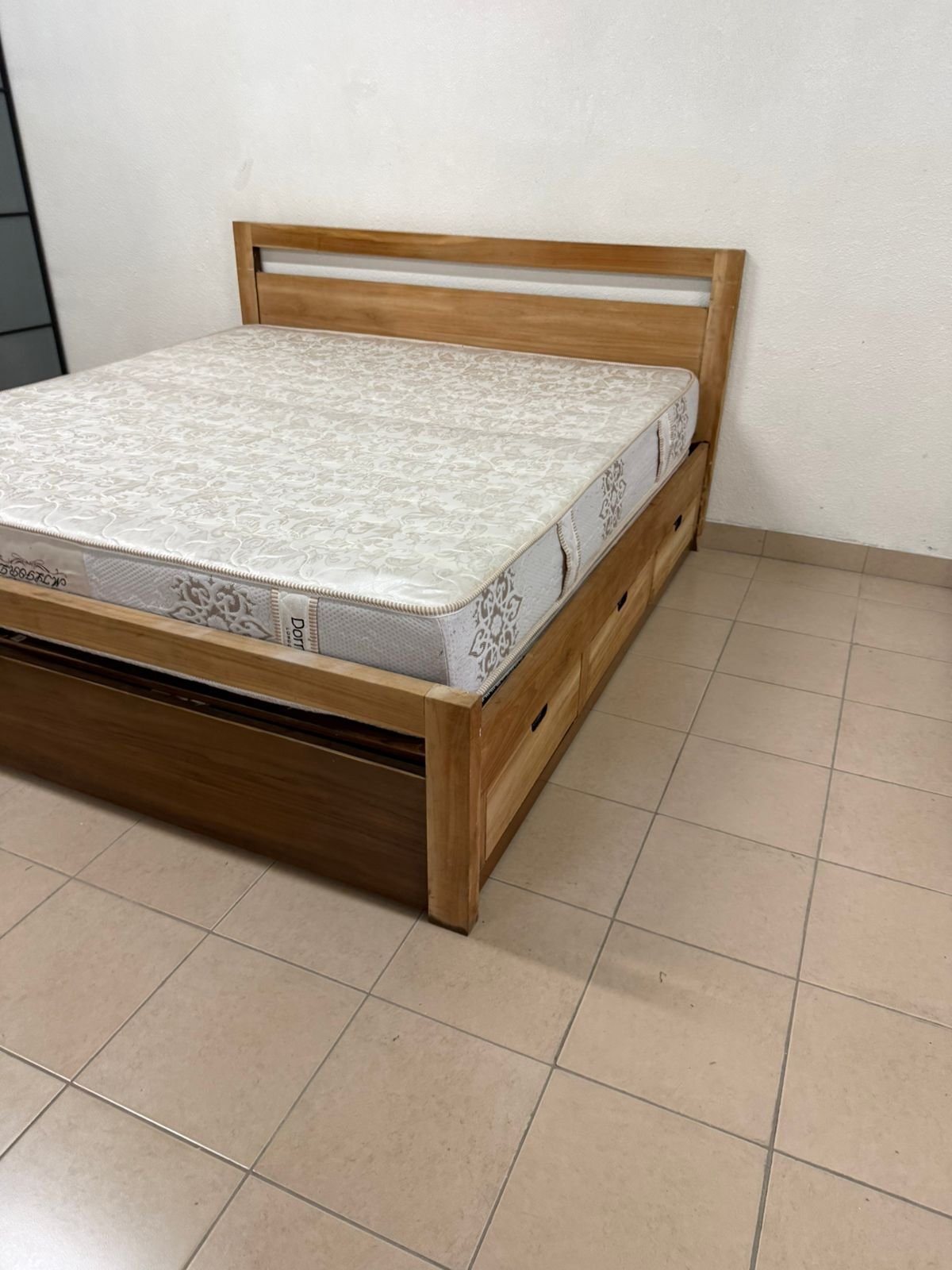 Natural wood bed with a modern design and built-in storage drawers - Image 13