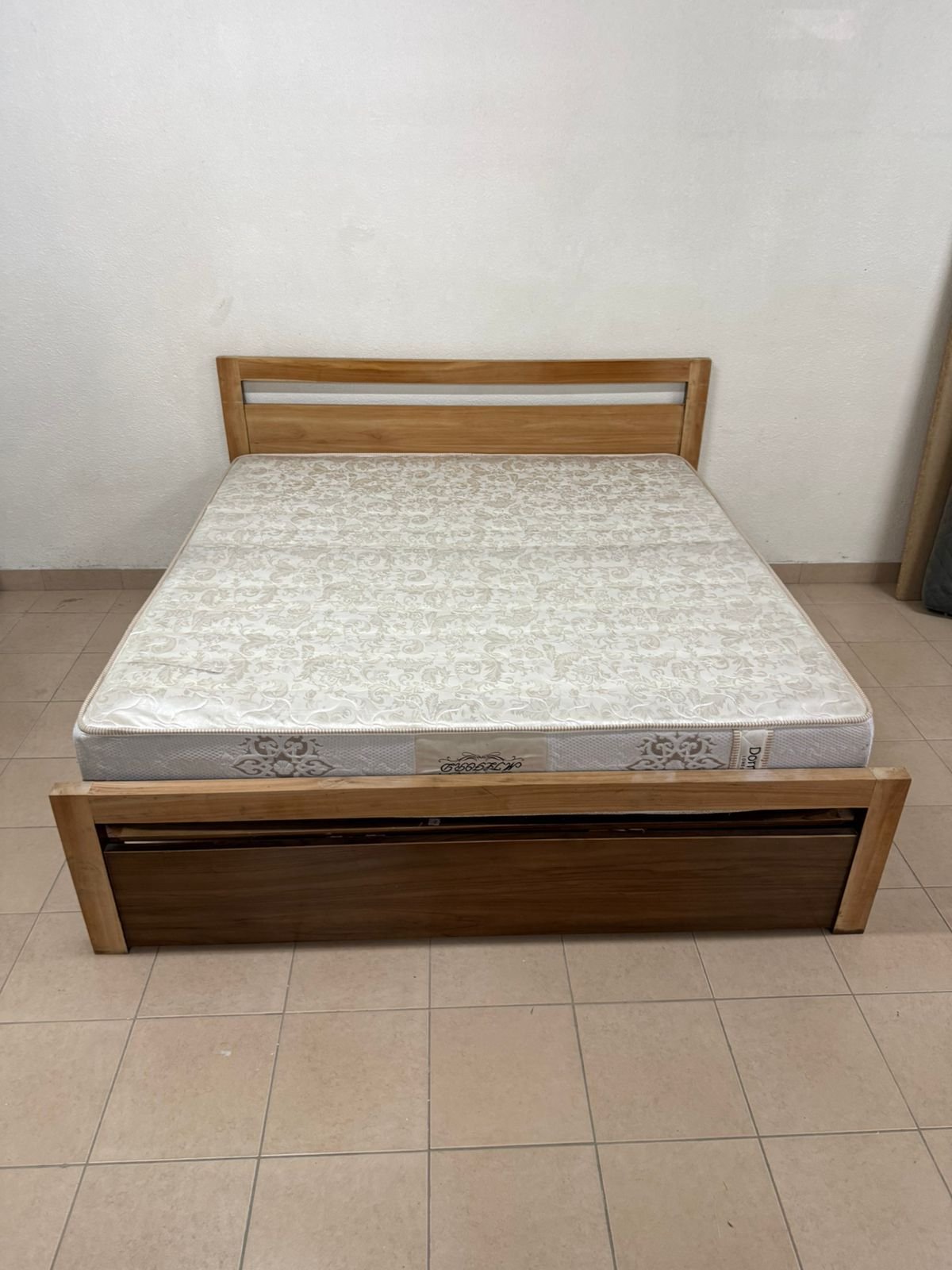 Natural wood bed with a modern design and built-in storage drawers - Image 15