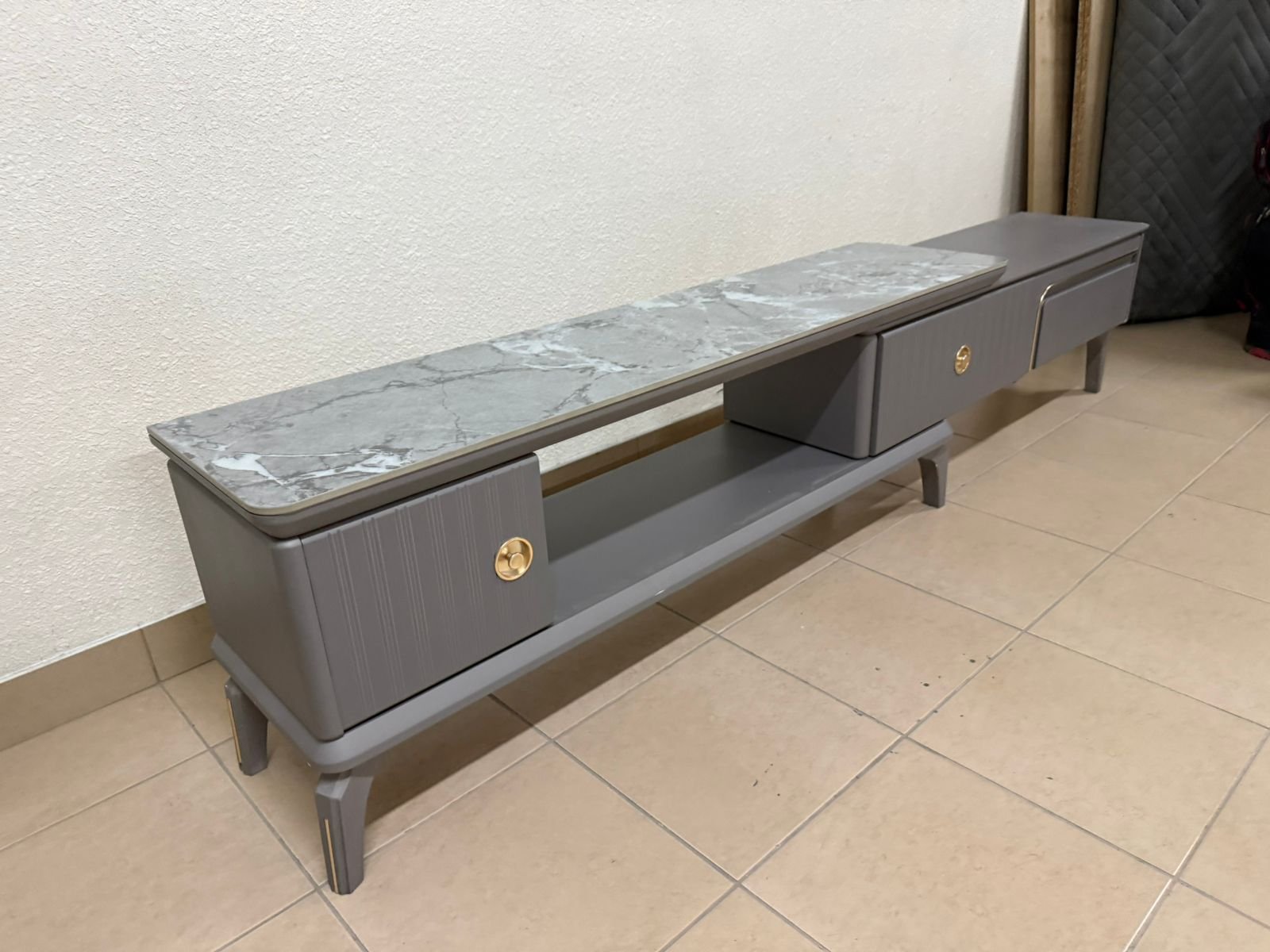Modern gray extendable TV table with a marble top. - Image 13
