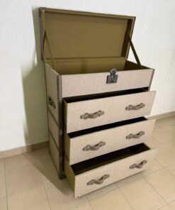 The One vintage travel chest-style chest of drawers in beige with leather handles