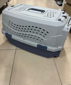 Amazon Basics two-door pet travel bag, featuring a hard design and gray color.