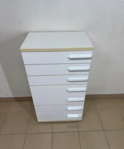 A modern, white storage drawer unit with slim silver metal handles.