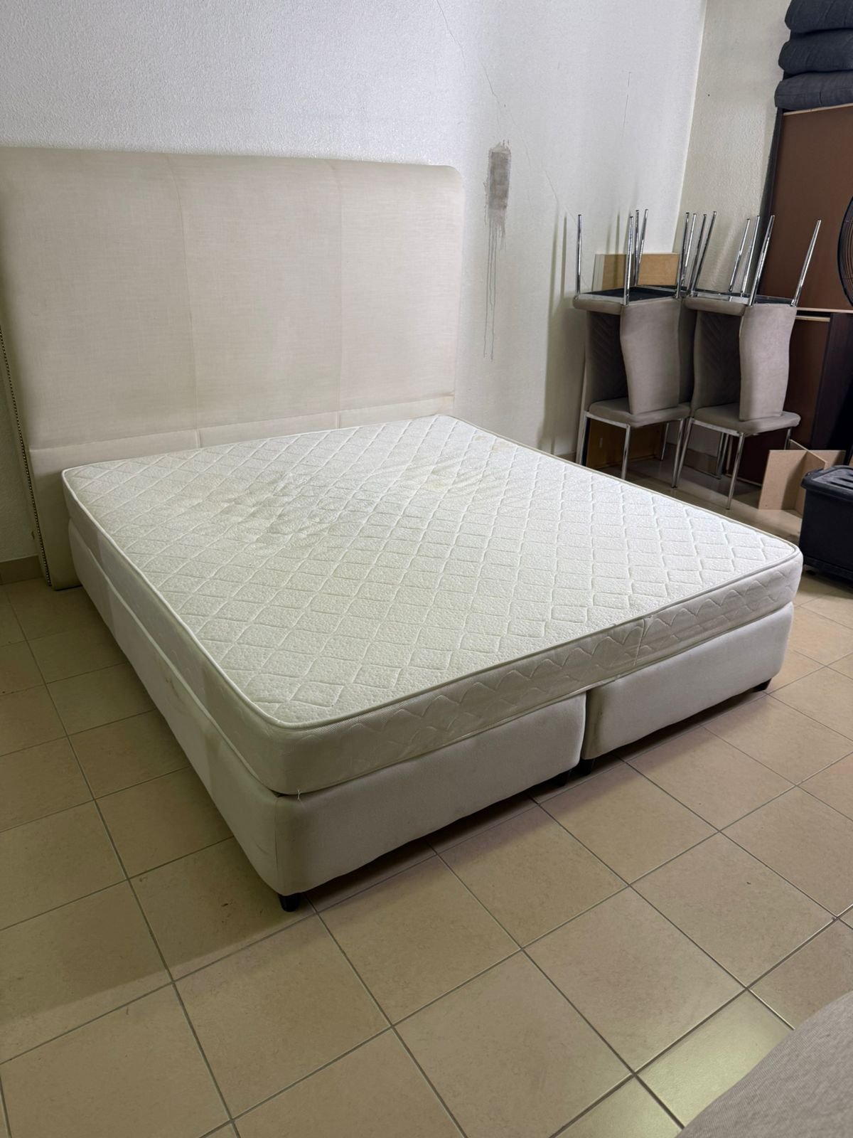 Beige upholstered double bed with mattress - Image 6