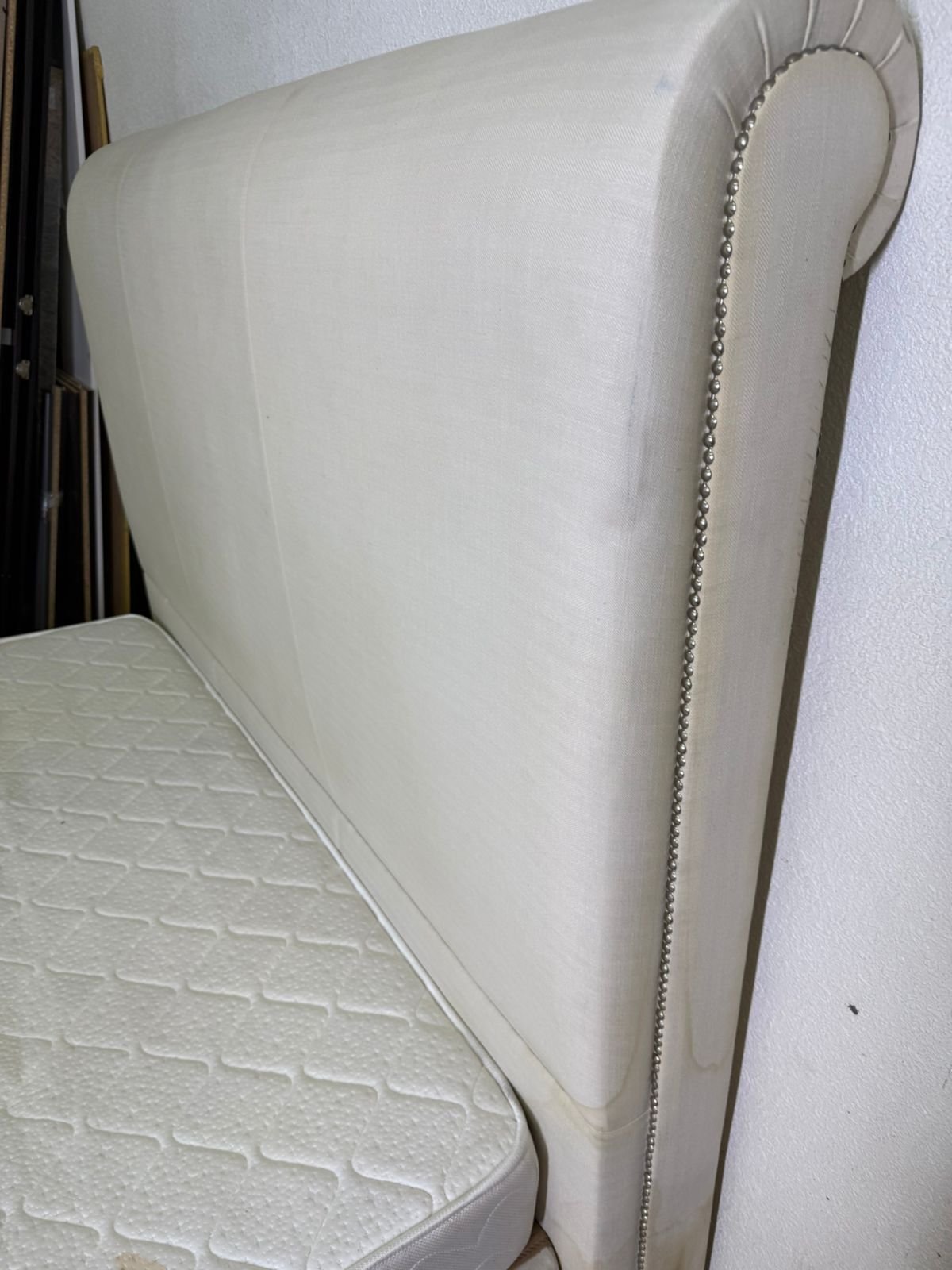 Beige upholstered double bed with mattress - Image 7
