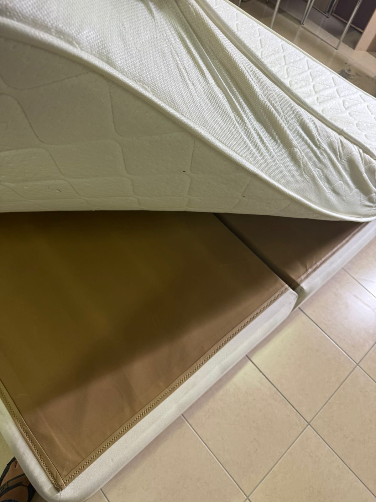 Beige upholstered double bed with mattress - Image 8