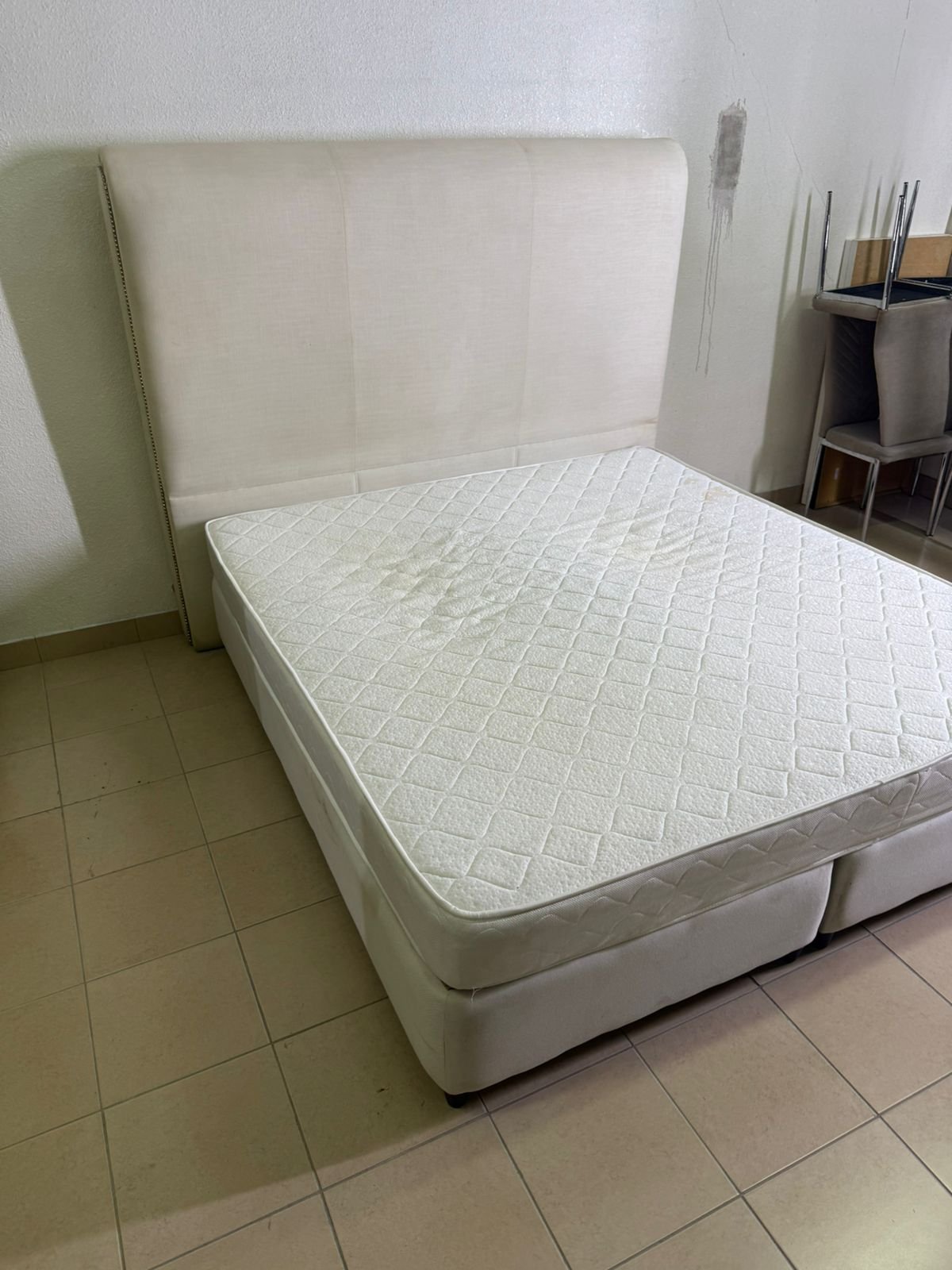 Beige upholstered double bed with mattress - Image 9