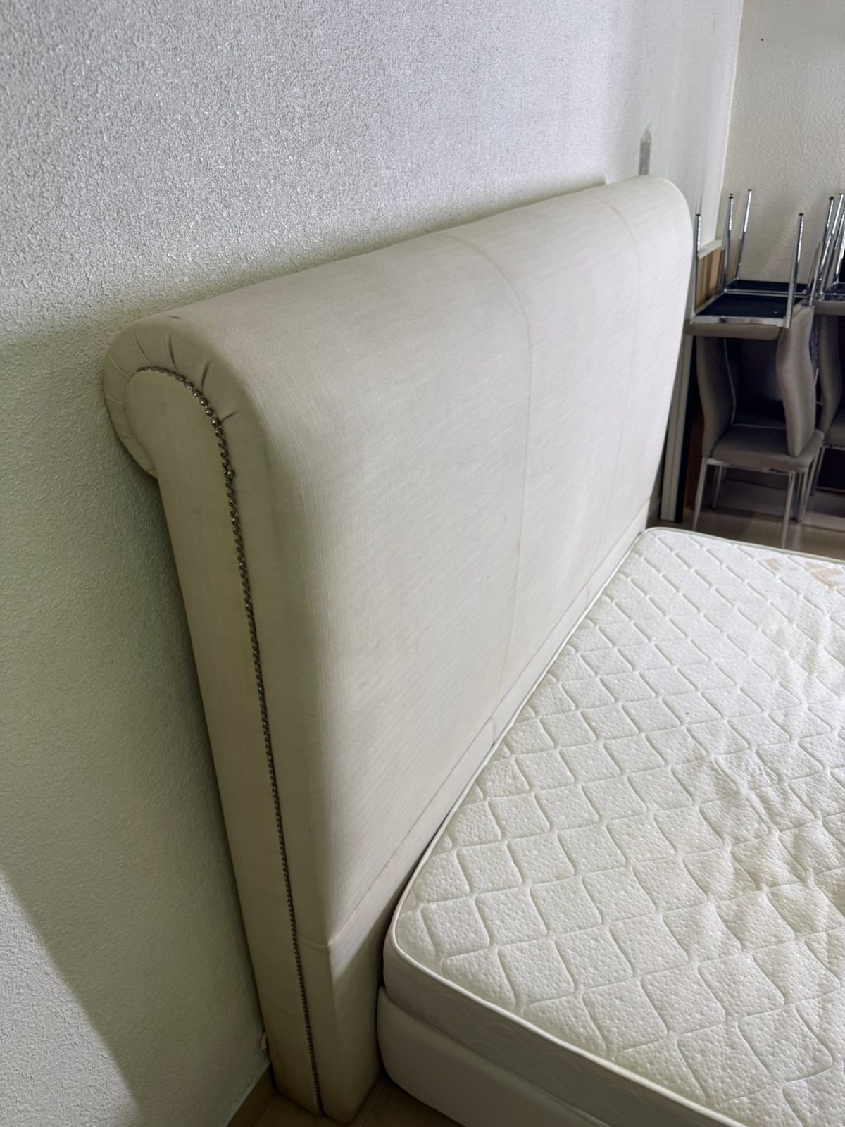 Beige upholstered double bed with mattress - Image 11