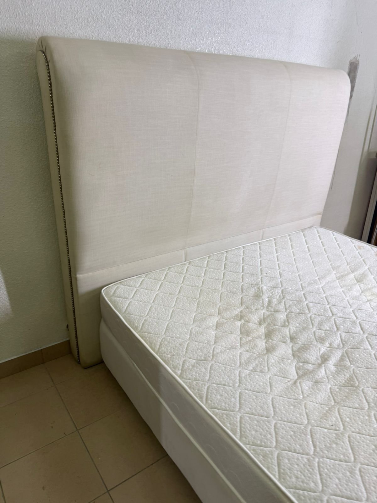 Beige upholstered double bed with mattress - Image 12