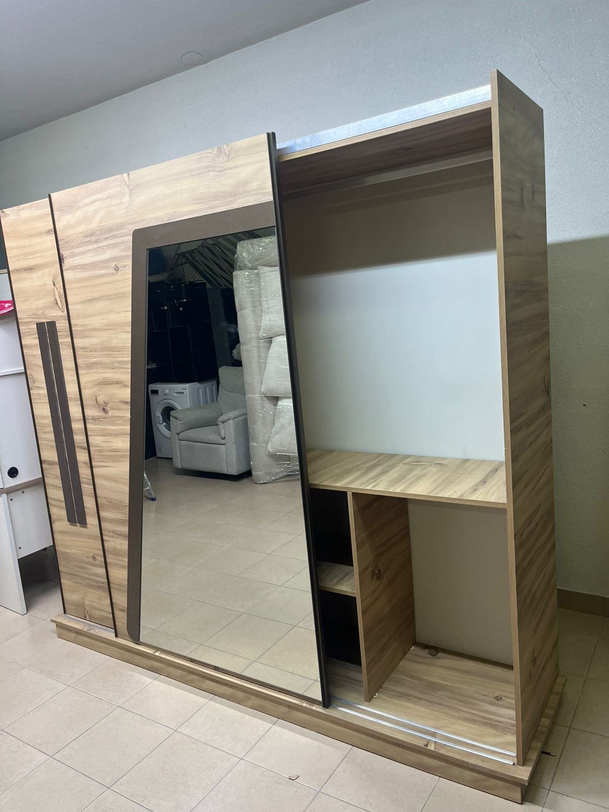 A modern sliding wardrobe combining wood and mirrors - Image 6