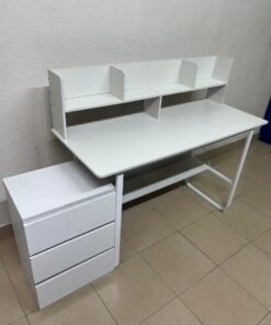 White home office desk with drawers and upper shelves
