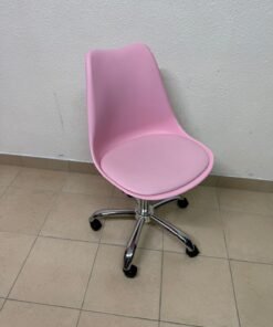 The chair is an Eames or Tulip style office chair in pink.