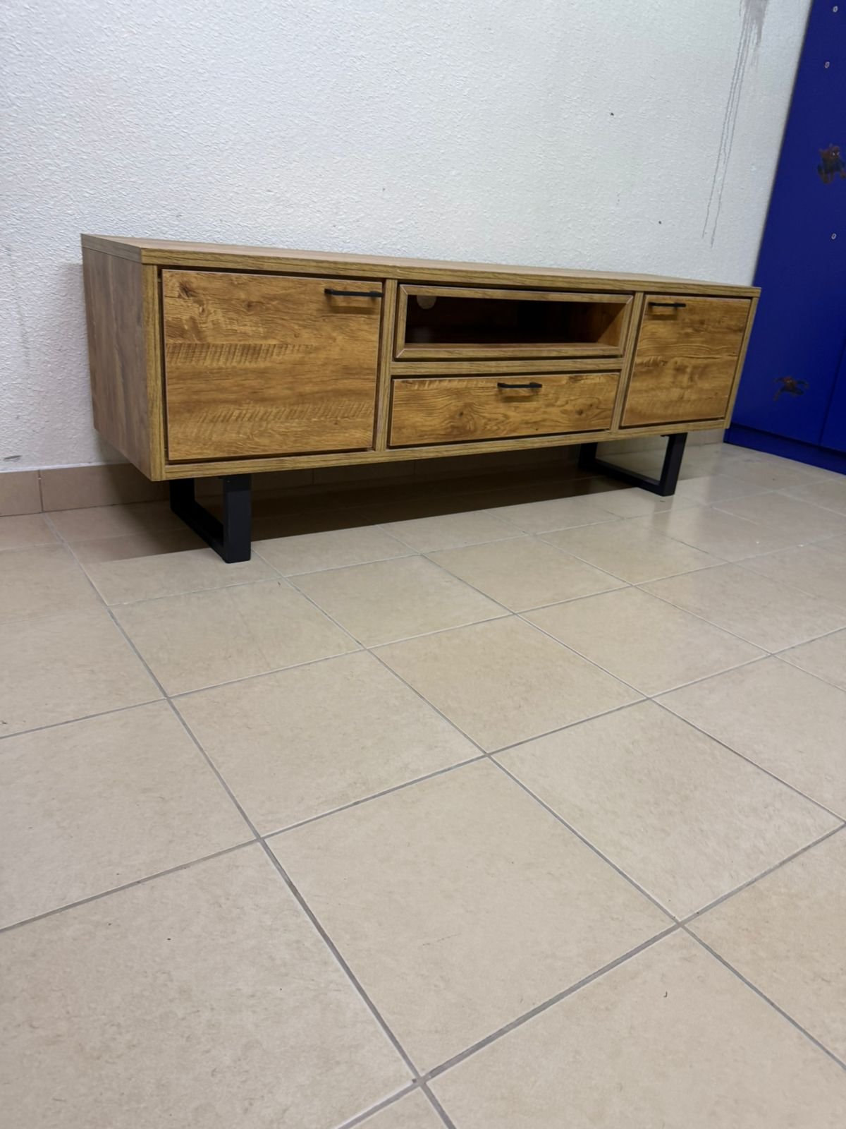 This modern TV unit features a warm beige wood finish and sturdy black metal legs. - Image 11
