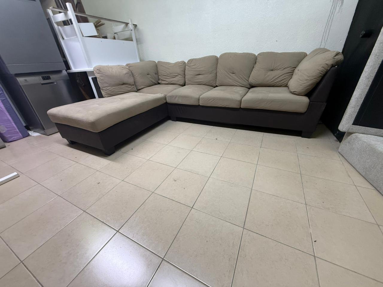 Beige and brown fabric sofa, intricate corner design - Image 6