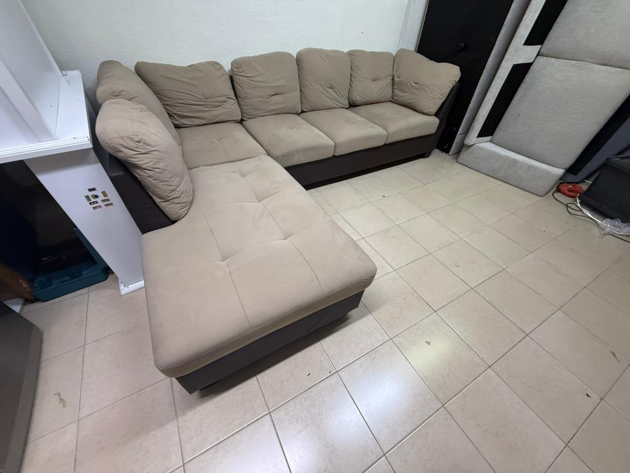 Beige and brown fabric sofa, intricate corner design - Image 4