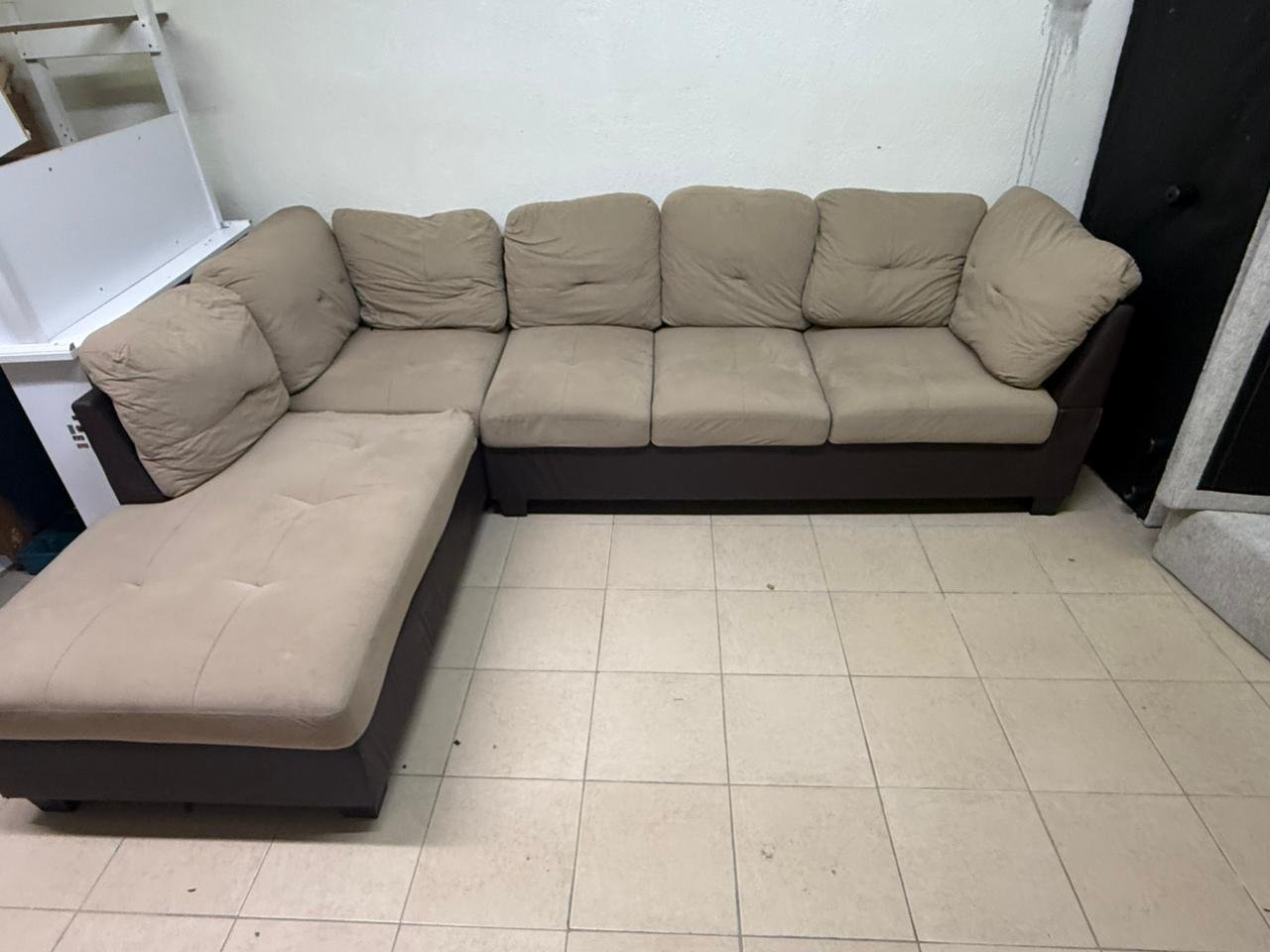 Beige and brown fabric sofa, intricate corner design - Image 3