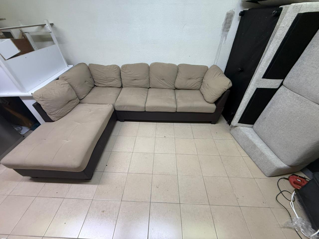 Beige and brown fabric sofa, intricate corner design - Image 2