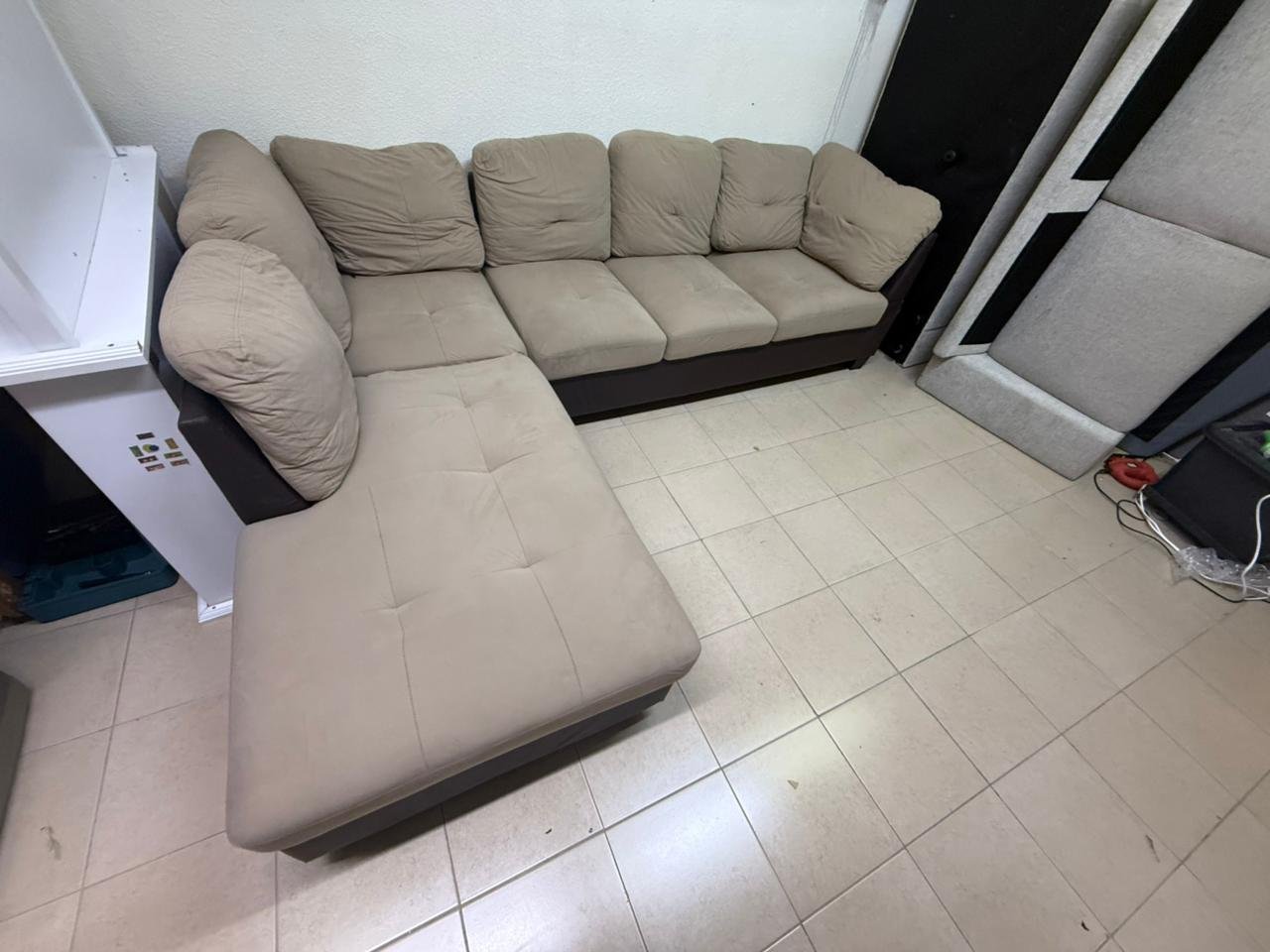Beige and brown fabric sofa, intricate corner design - Image 5