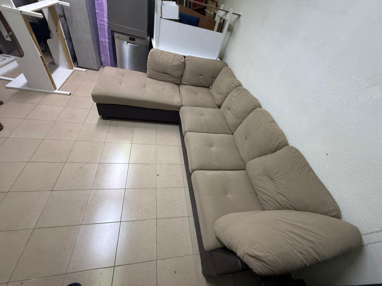 Beige and brown fabric sofa, intricate corner design - Image 8