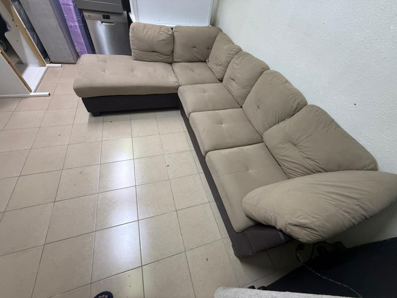 Beige and brown fabric sofa, intricate corner design - Image 10