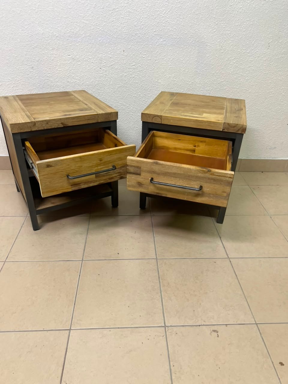 Bedside table with a sturdy dark gray metal frame and natural wood top and drawers - Image 4