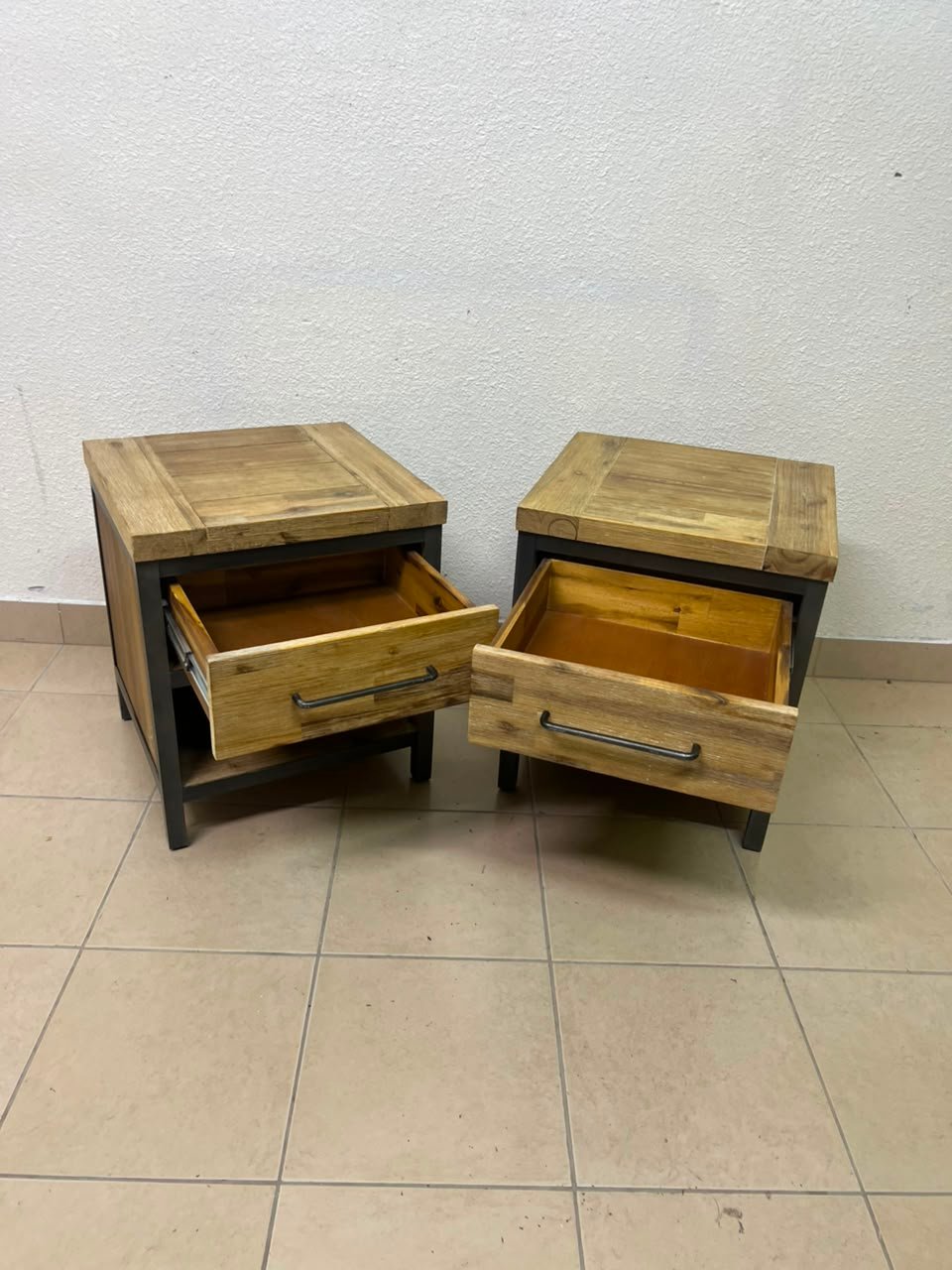 Bedside table with a sturdy dark gray metal frame and natural wood top and drawers - Image 6