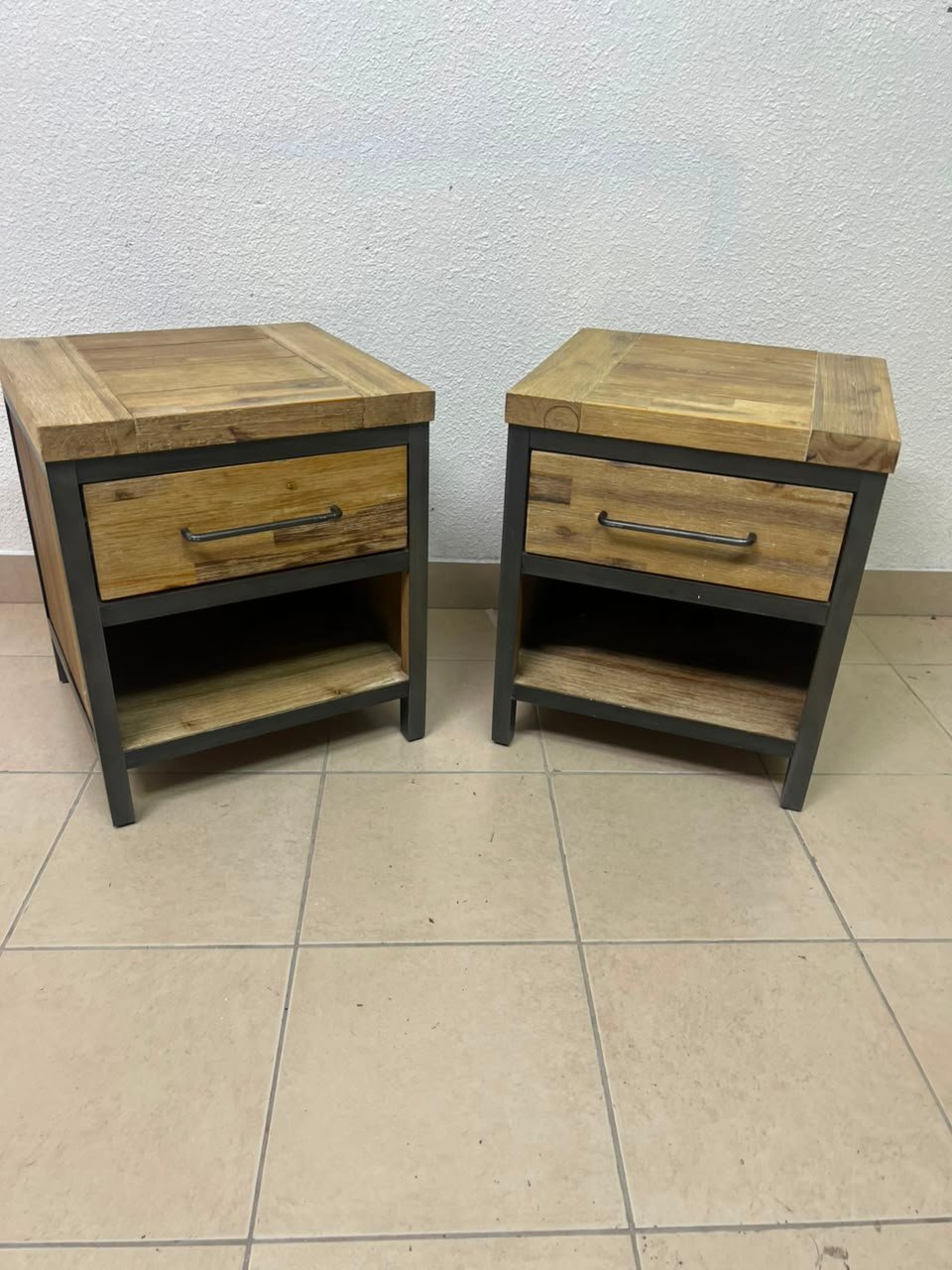 Bedside table with a sturdy dark gray metal frame and natural wood top and drawers - Image 7