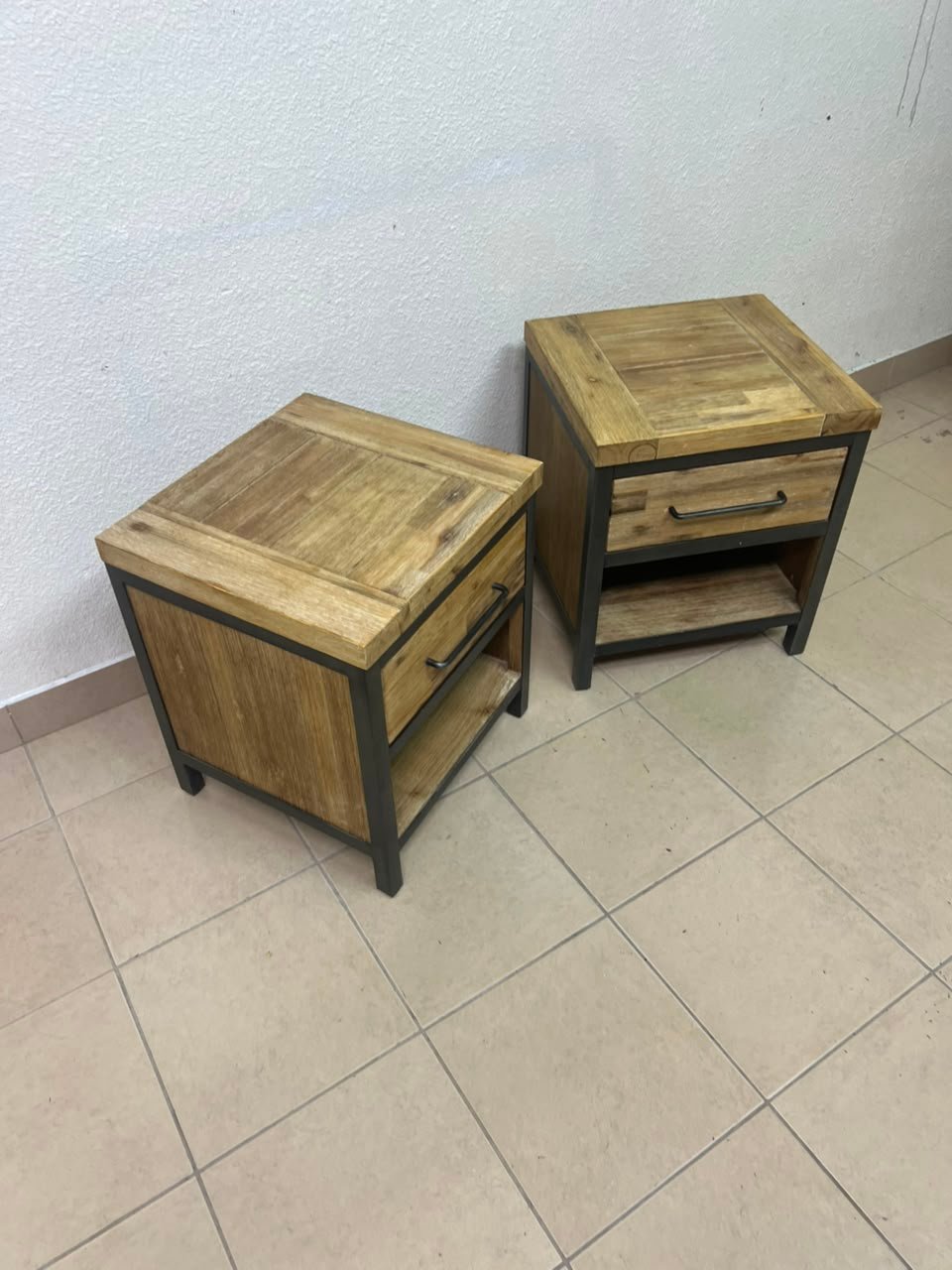 Bedside table with a sturdy dark gray metal frame and natural wood top and drawers - Image 8