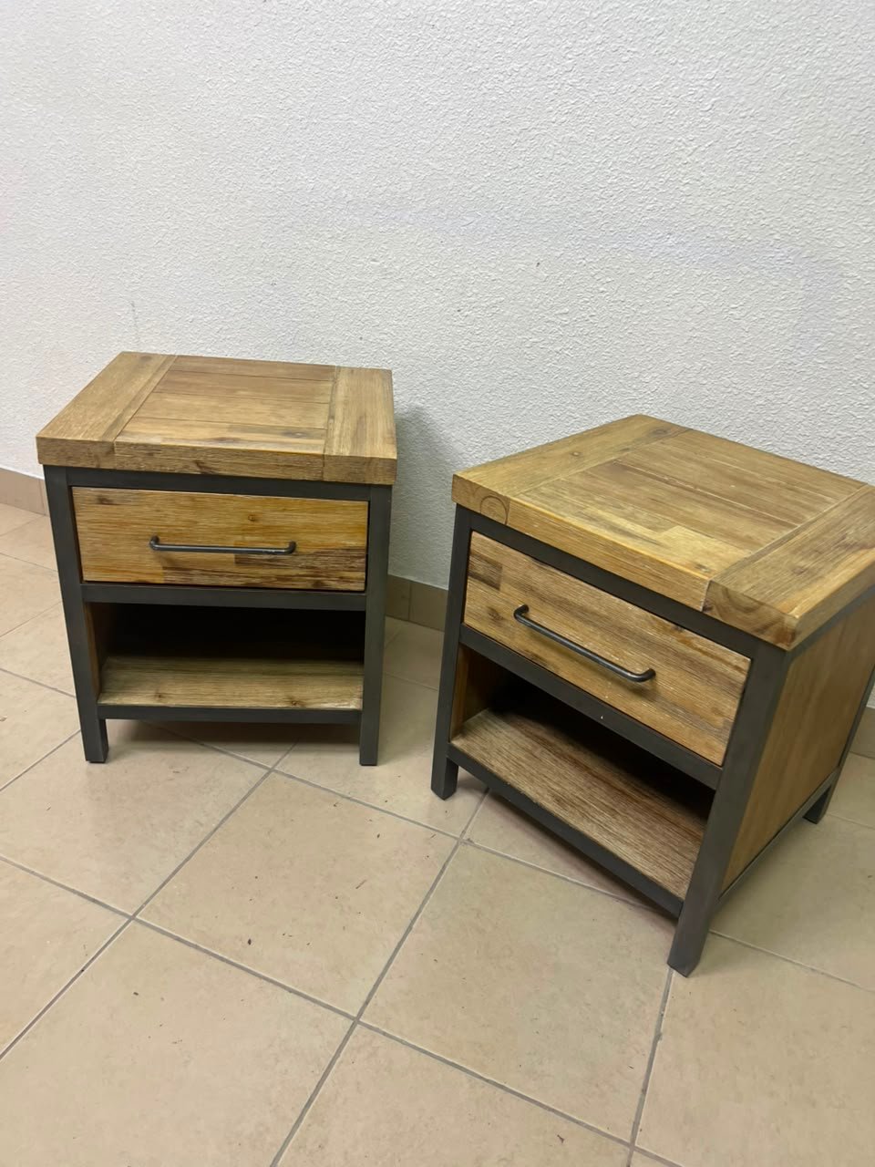 Bedside table with a sturdy dark gray metal frame and natural wood top and drawers - Image 9