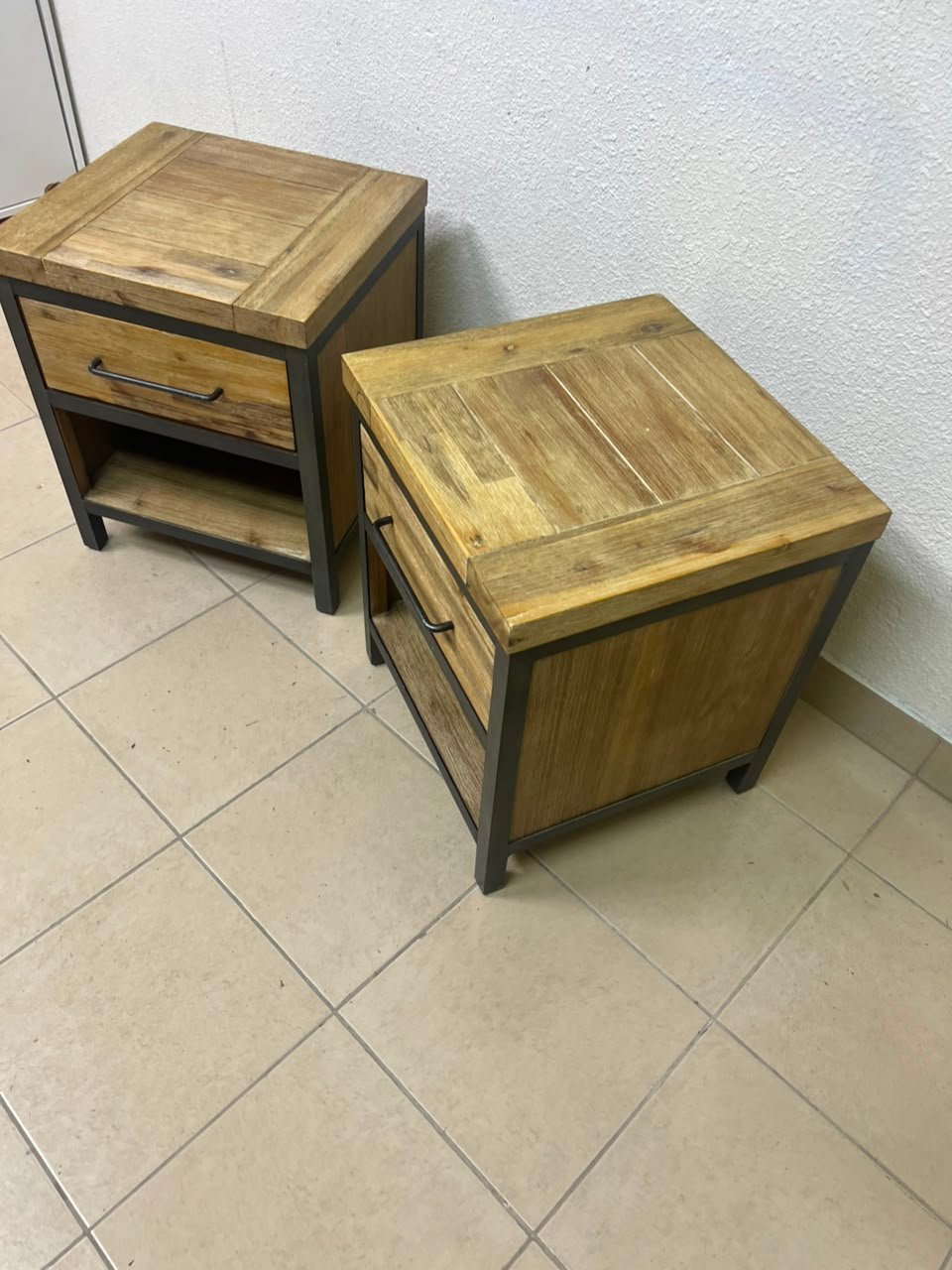 Bedside table with a sturdy dark gray metal frame and natural wood top and drawers - Image 11