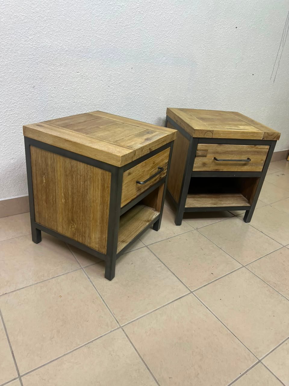 Bedside table with a sturdy dark gray metal frame and natural wood top and drawers - Image 12
