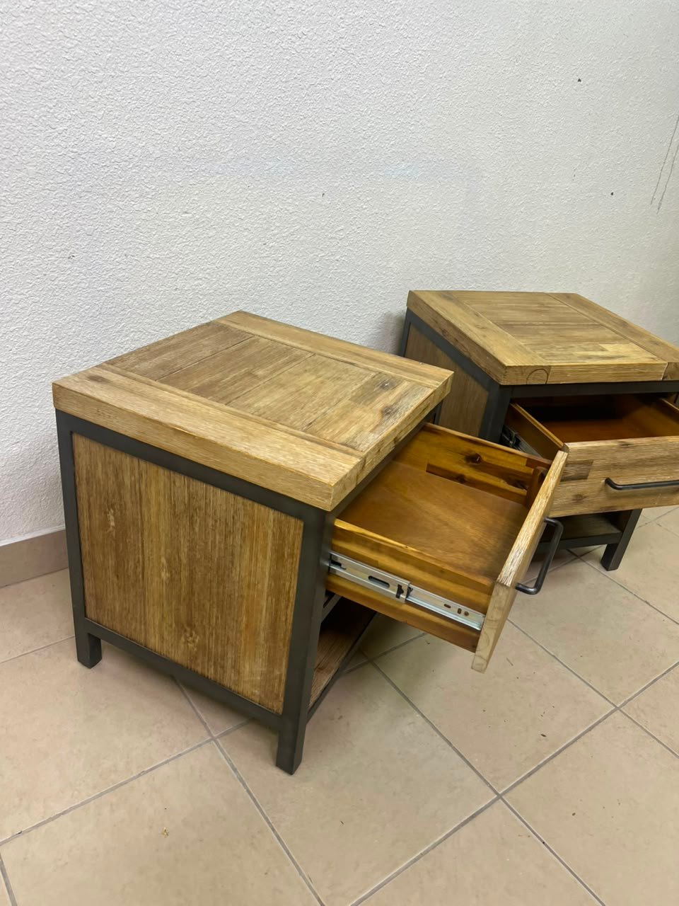 Bedside table with a sturdy dark gray metal frame and natural wood top and drawers - Image 13