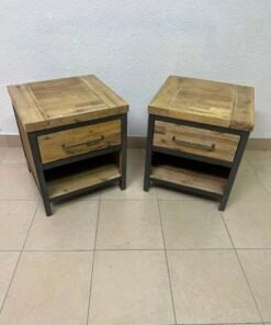 Bedside table with a sturdy dark gray metal frame and natural wood top and drawers