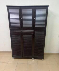 A shoe cabinet with 4 to 6 doors and one drawer in dark brown