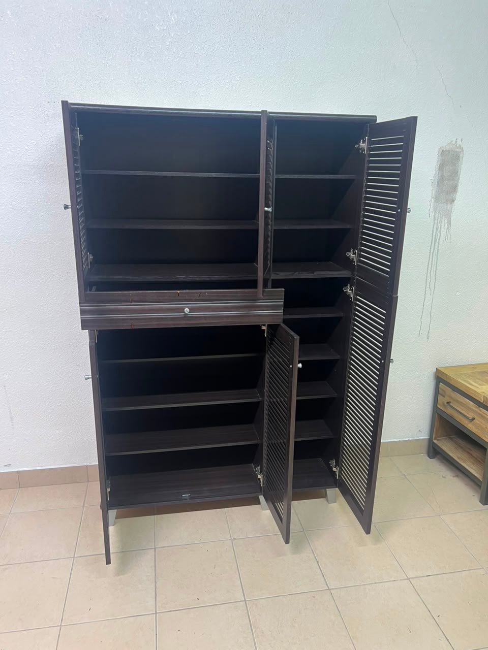 A shoe cabinet with 4 to 6 doors and one drawer in dark brown - Image 5