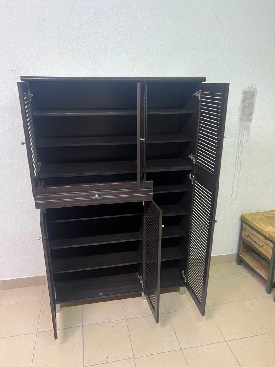 A shoe cabinet with 4 to 6 doors and one drawer in dark brown - Image 9