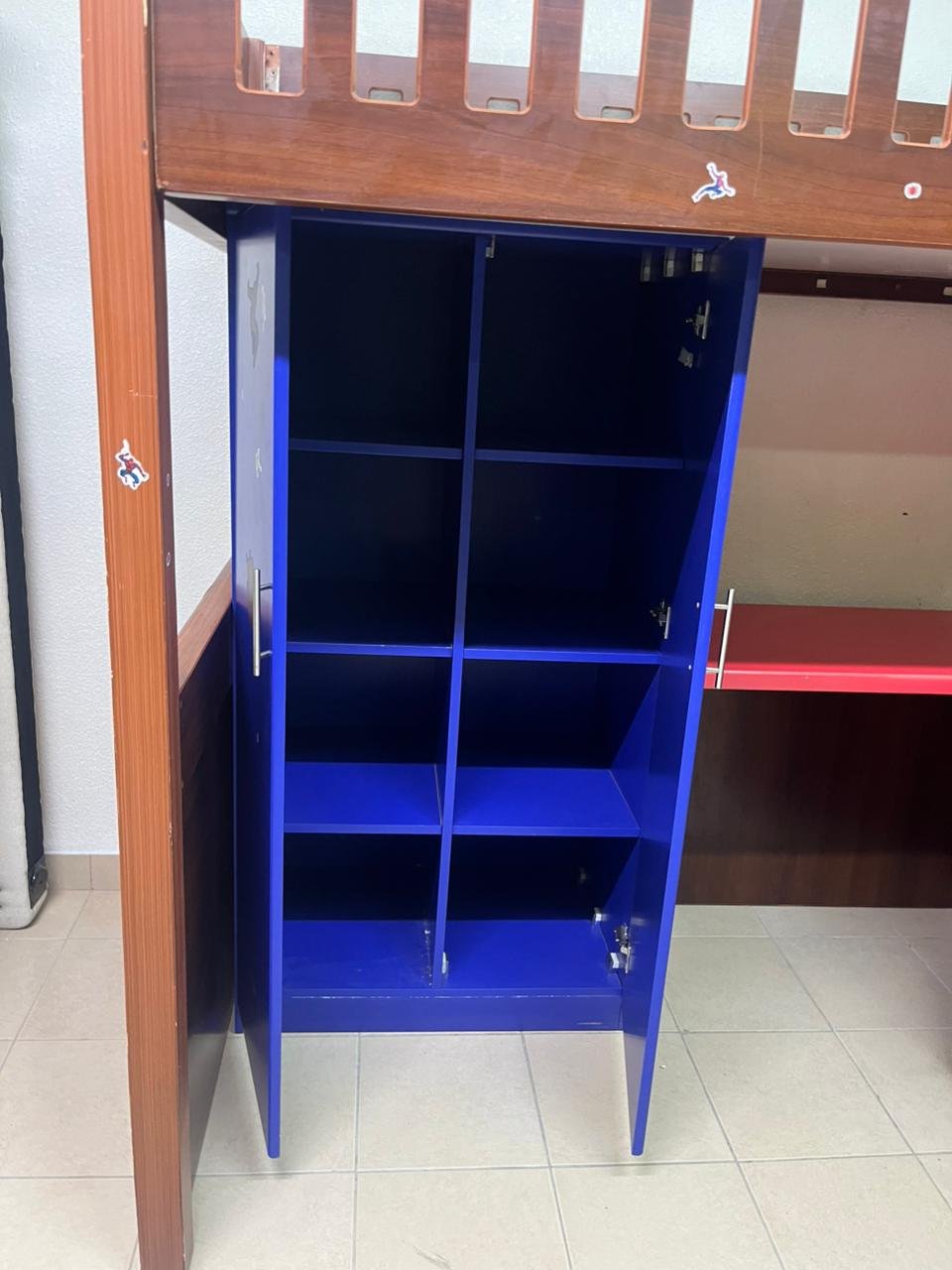 A multi-functional Spider-Man-themed loft bed for children, including a wardrobe, study desk, and stairs with drawers. - Image 11