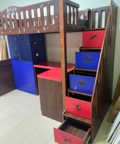 A multi-functional Spider-Man-themed loft bed for children, including a wardrobe, study desk, and stairs with drawers.