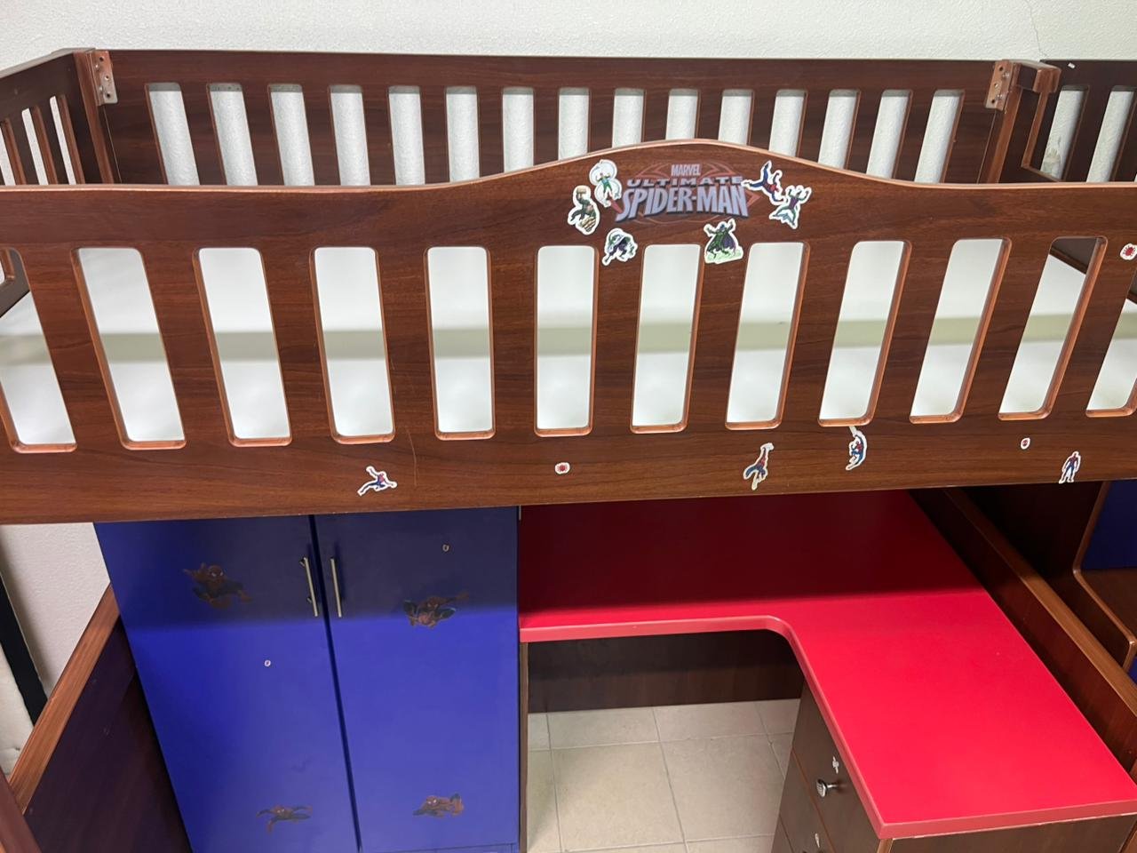 A multi-functional Spider-Man-themed loft bed for children, including a wardrobe, study desk, and stairs with drawers. - Image 3