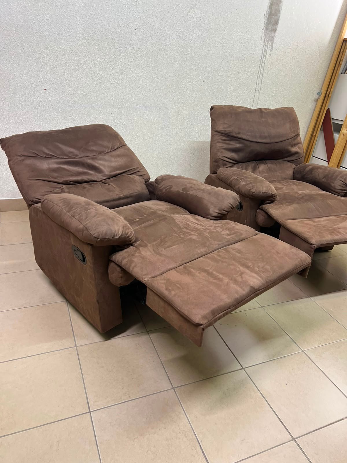 A mocha brown fabric recliner chair with comfortable foam padding. - Image 6