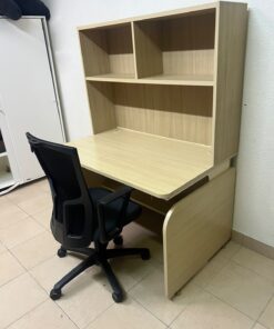 Wooden study desk with black mesh chair
