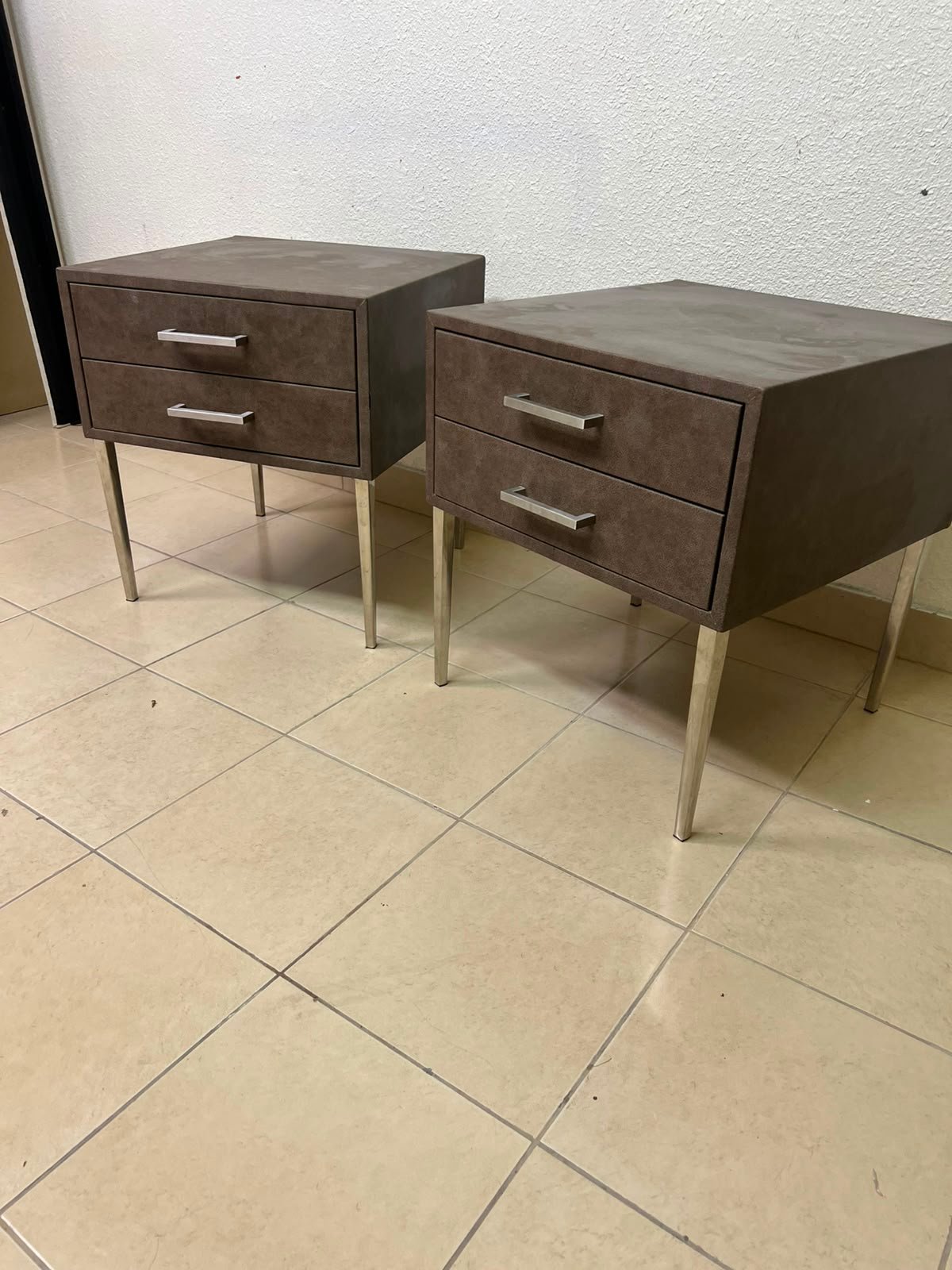 A brown bedside table with a leather or suede-like finish, featuring silver drawers and handles, similar to those found at Wayfair. - Image 5