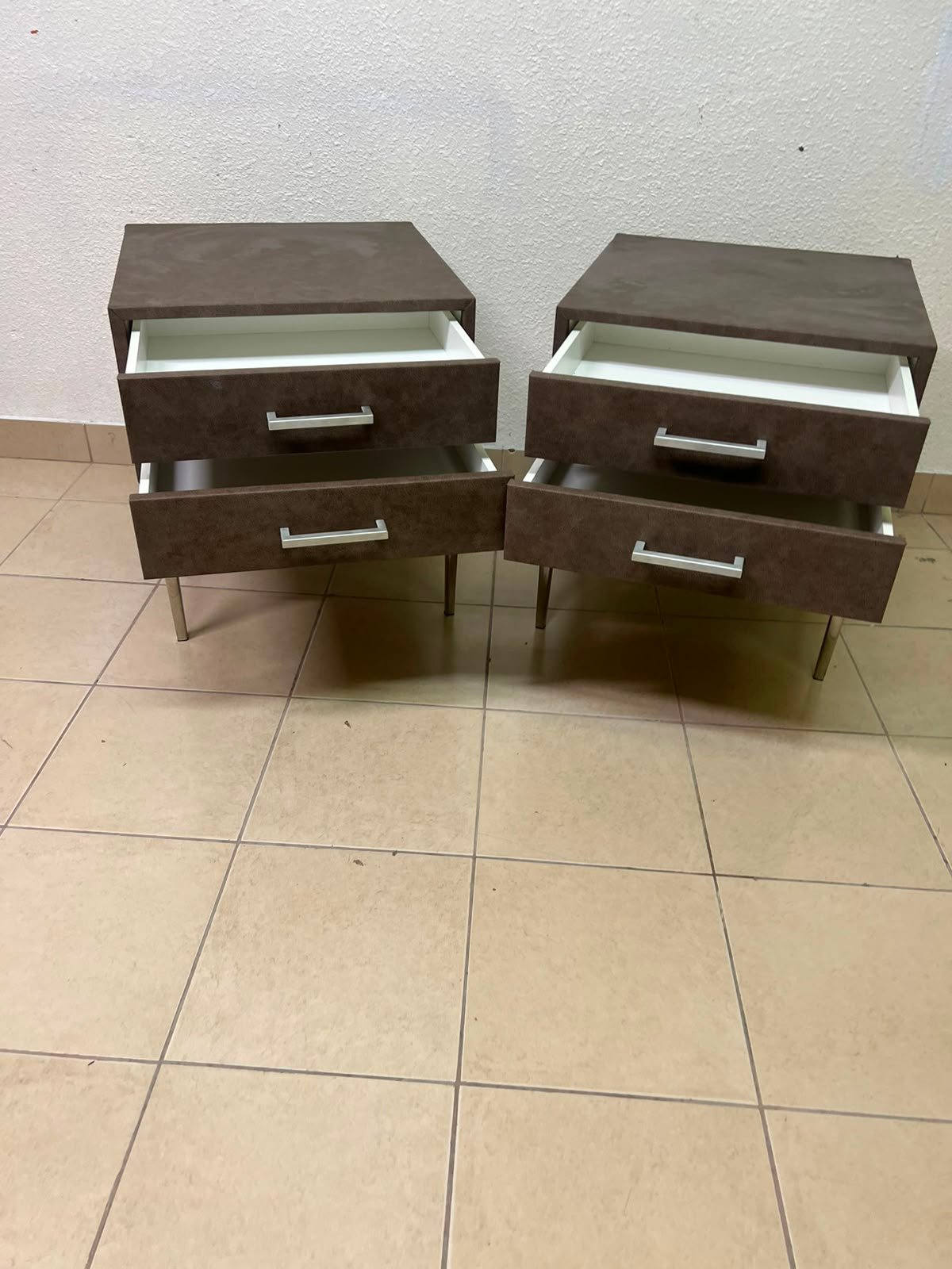 A brown bedside table with a leather or suede-like finish, featuring silver drawers and handles, similar to those found at Wayfair. - Image 11