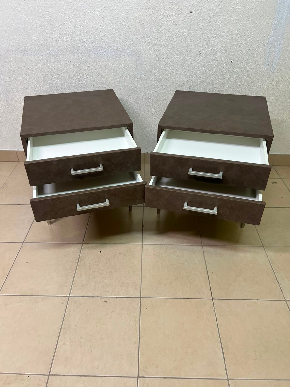A brown bedside table with a leather or suede-like finish, featuring silver drawers and handles, similar to those found at Wayfair. - Image 8