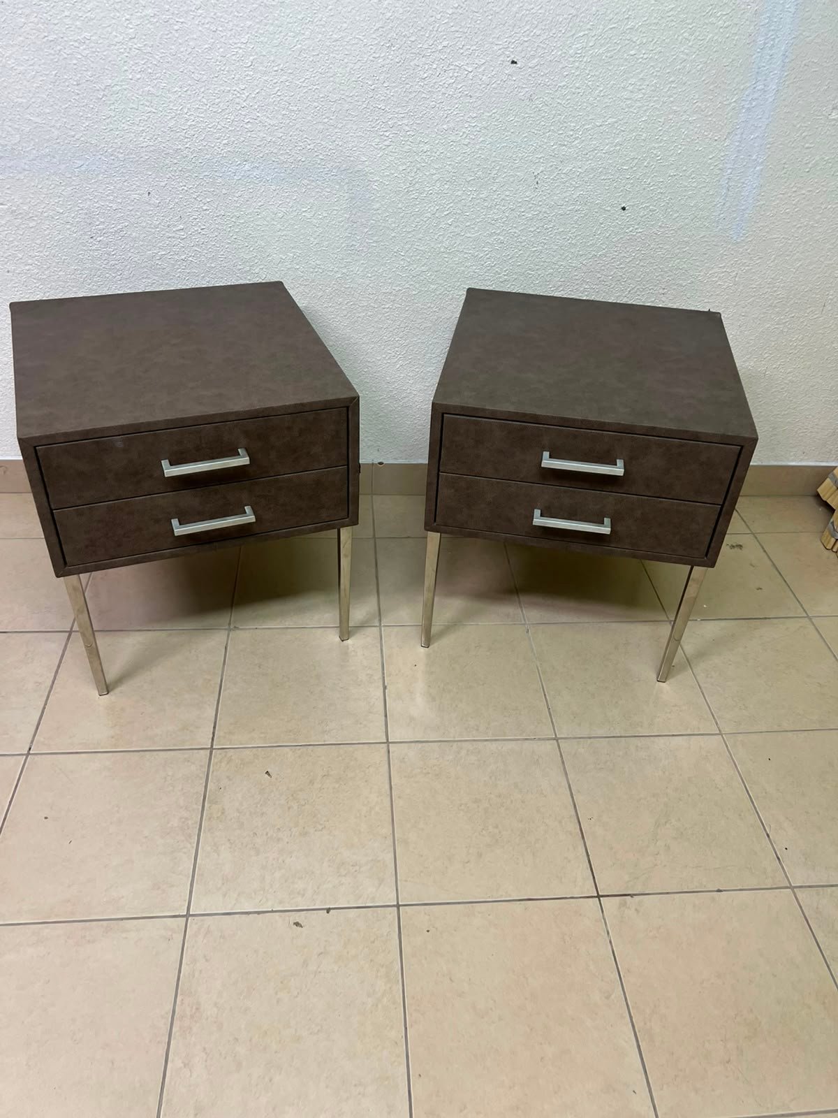 A brown bedside table with a leather or suede-like finish, featuring silver drawers and handles, similar to those found at Wayfair. - Image 3