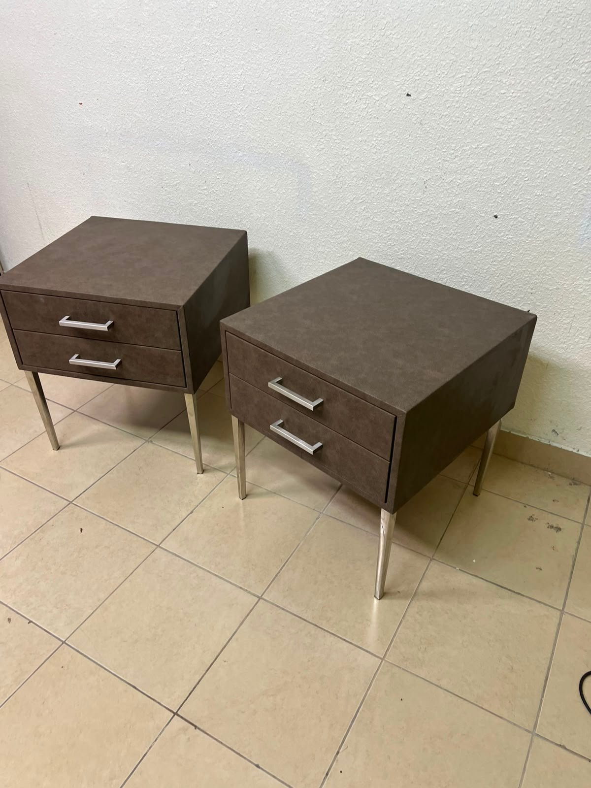 A brown bedside table with a leather or suede-like finish, featuring silver drawers and handles, similar to those found at Wayfair. - Image 7