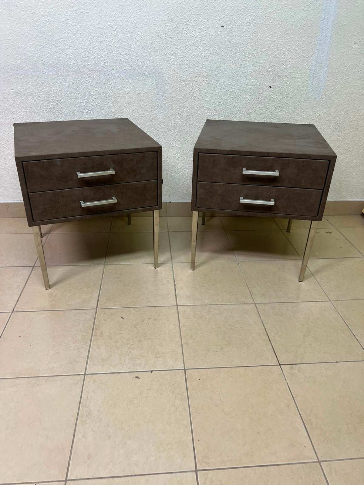A brown bedside table with a leather or suede-like finish, featuring silver drawers and handles, similar to those found at Wayfair. - Image 2