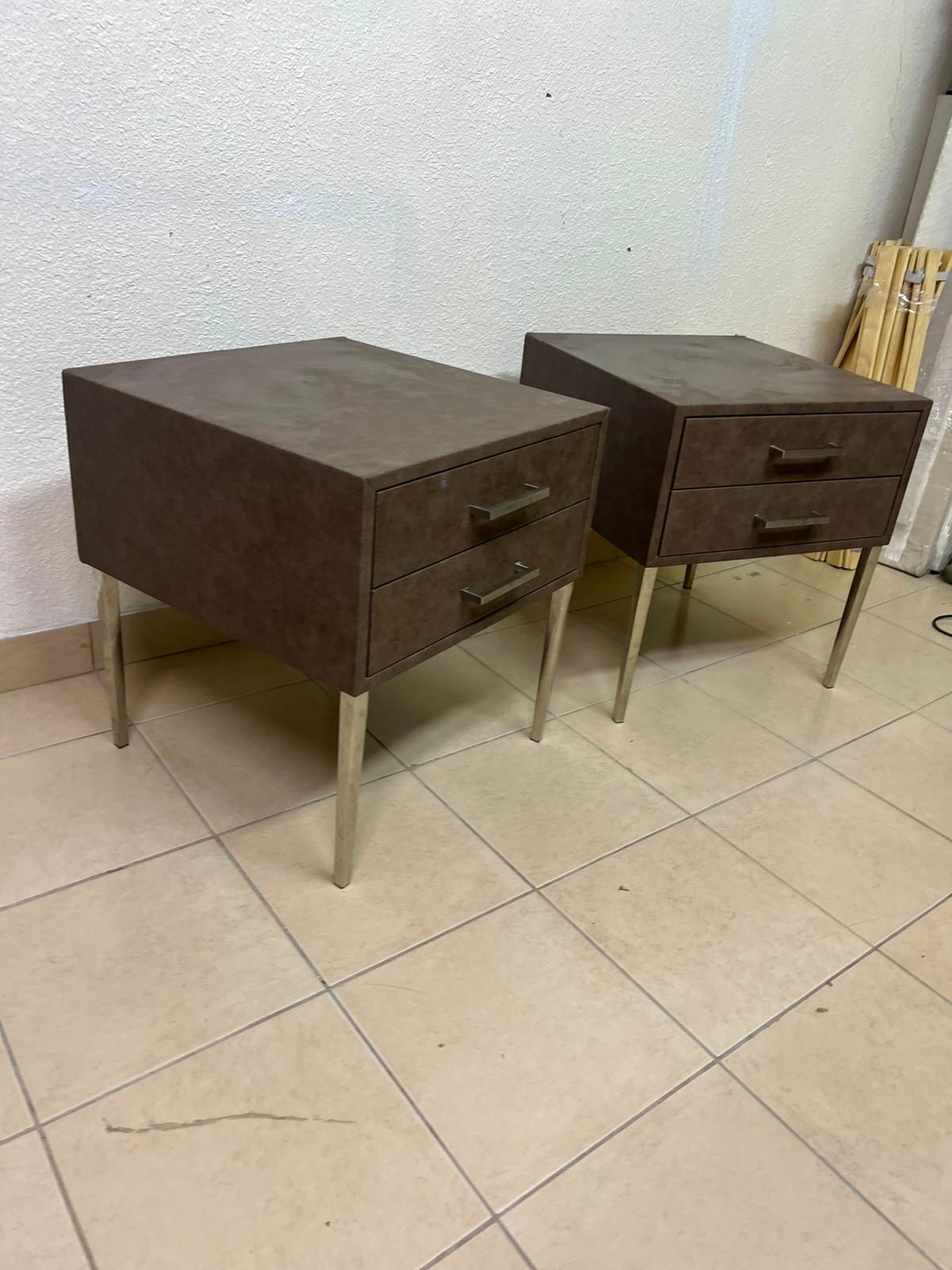 A brown bedside table with a leather or suede-like finish, featuring silver drawers and handles, similar to those found at Wayfair. - Image 9