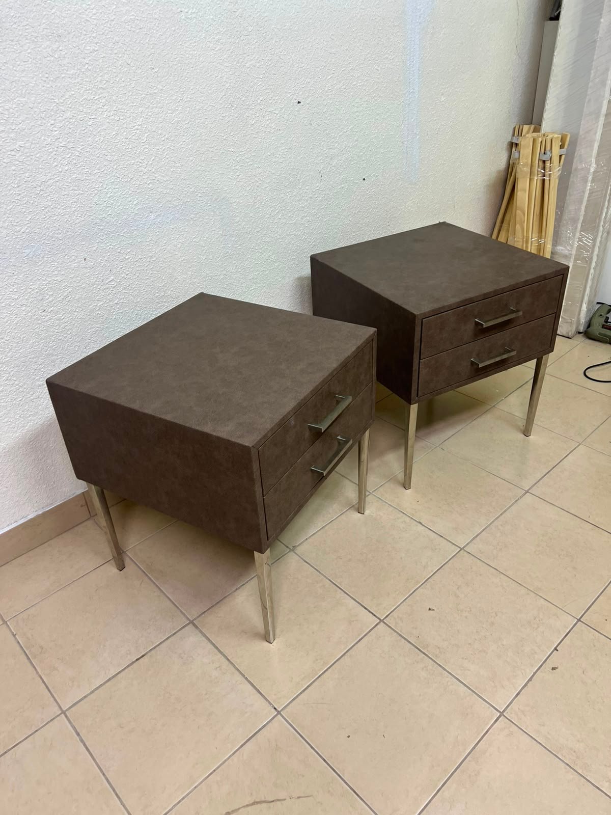 A brown bedside table with a leather or suede-like finish, featuring silver drawers and handles, similar to those found at Wayfair. - Image 4