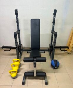 A complete home fitness equipment set including an adjustable push-up bench and weight rack.